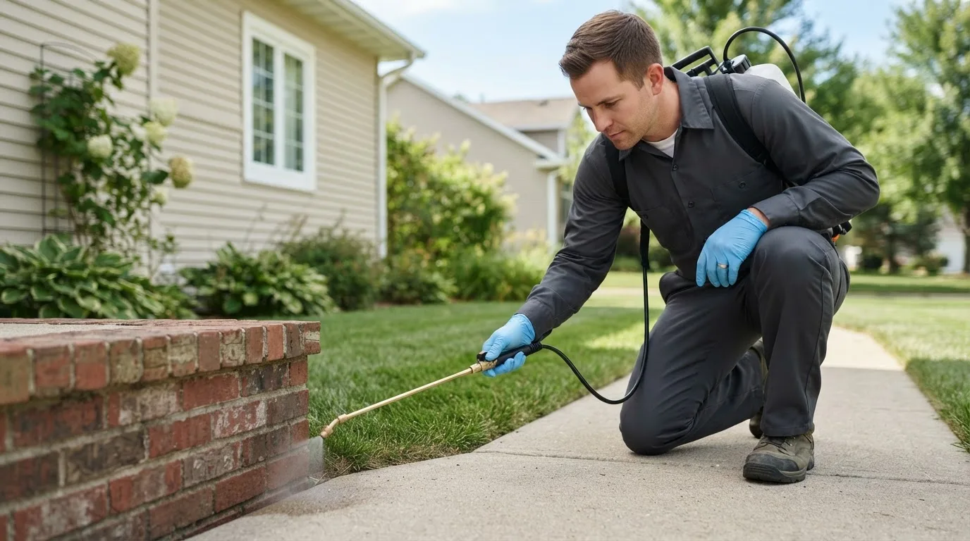 Pest control technician treating a home near North East, PA