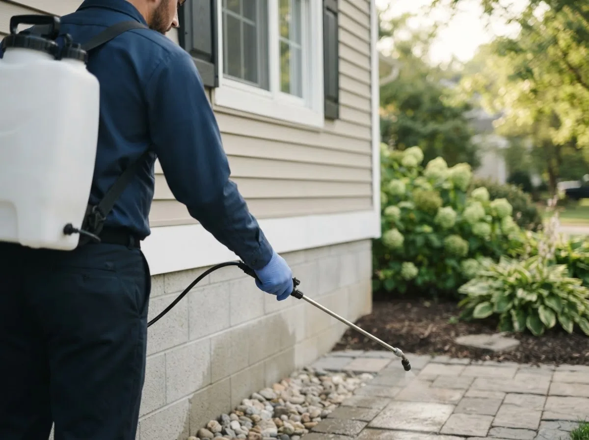 Pest control technician inspecting a home in North East, PA